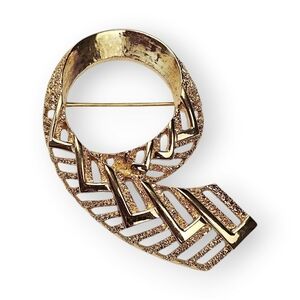 Vintage Monet Geometric Brooch Brushed Shiny Gold Plate Asymmetrical 80s 2.25"